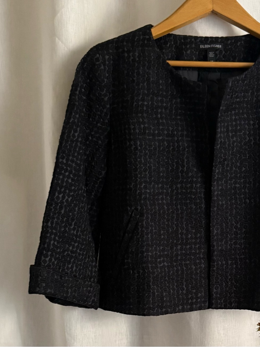 NWOT Eileen Fisher Organic Cotton Black Open Front Cropped Textured Jacket S